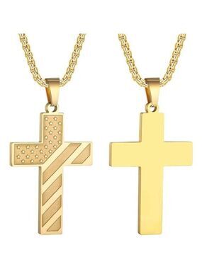 GOLD American Flag Cross Necklace for Men Stainless Steel Box Chain 22+2 inch NW